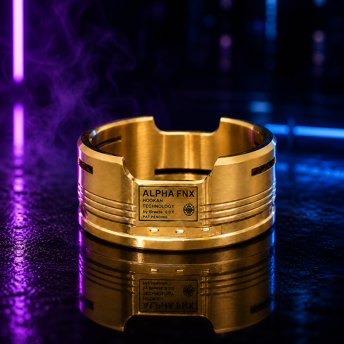 Alpha FNX dorado sobre fondo neón MasterHookah