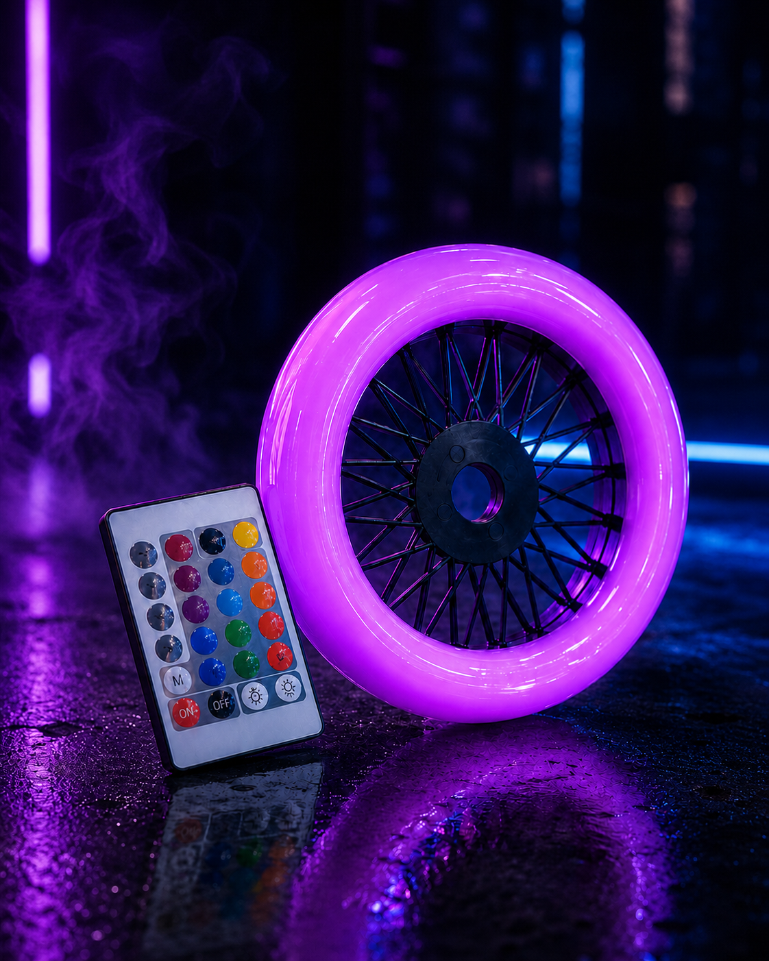 Aro LED violeta con mando sobre fondo neón MasterHookah