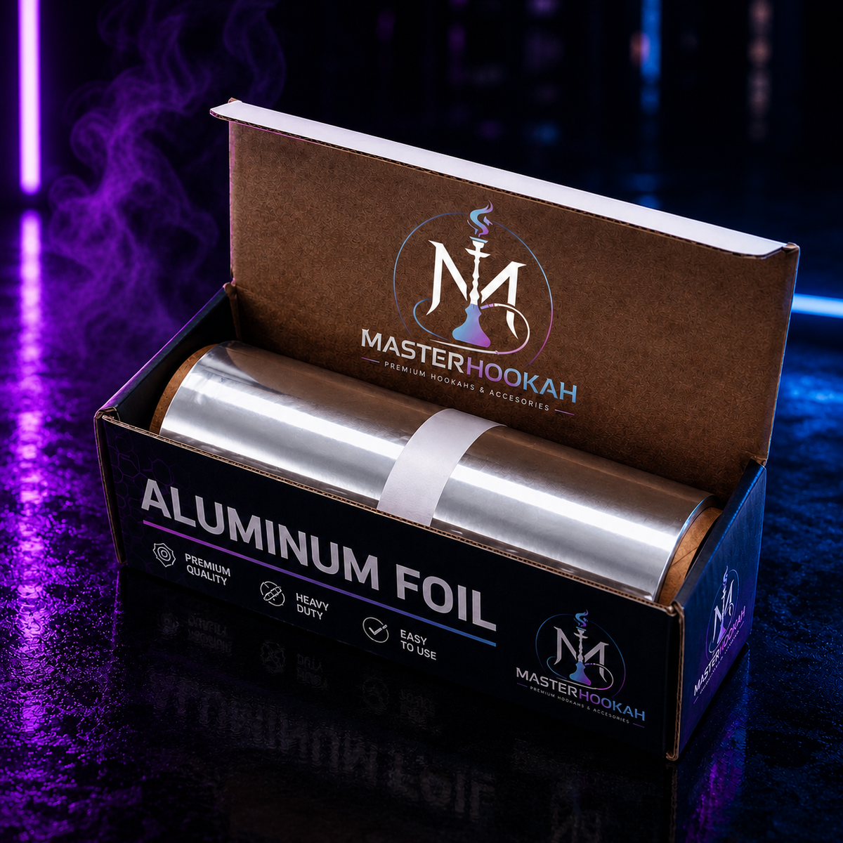Papel de aluminio MasterHookah sobre fondo neón