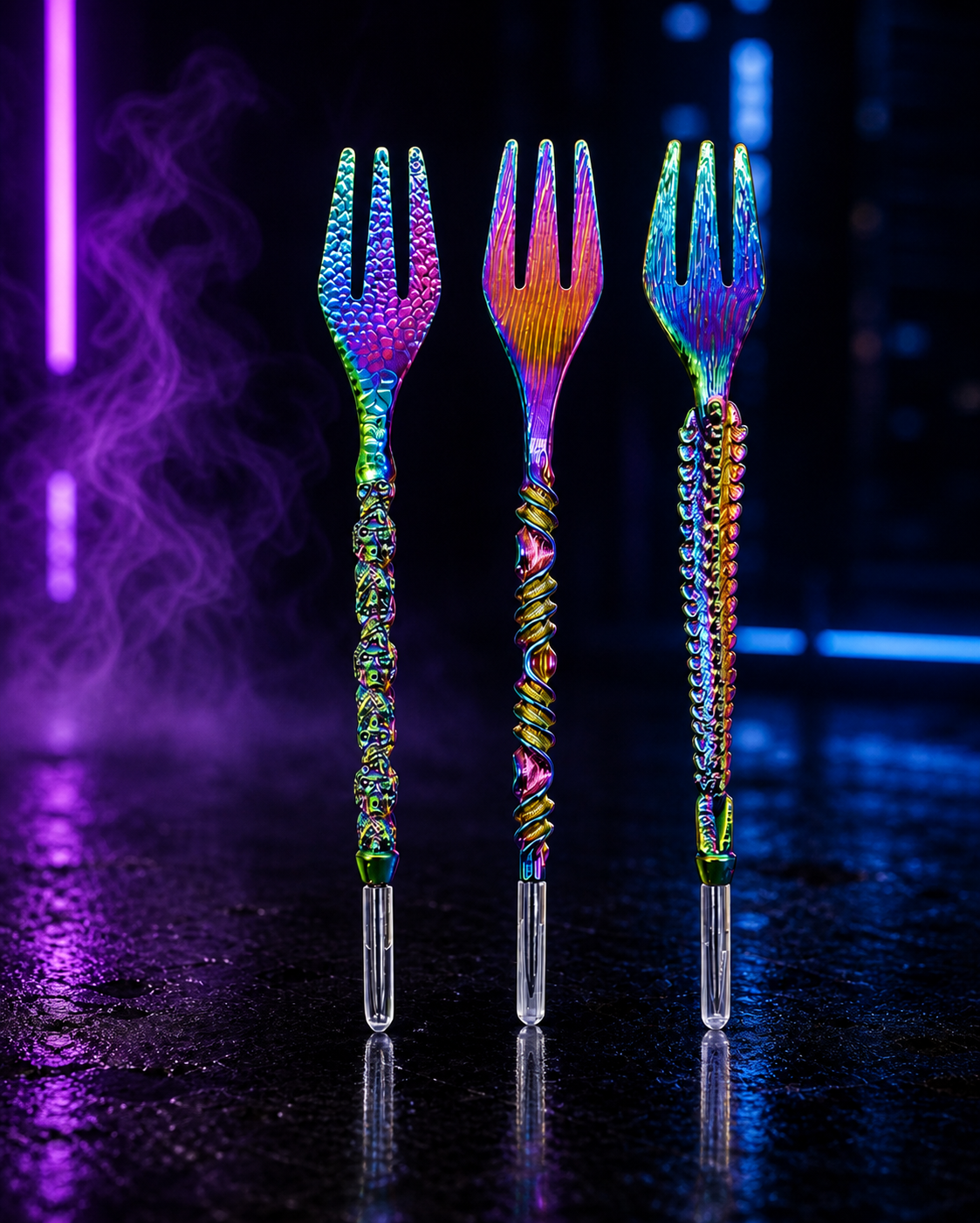 Tenedores punzón multicolor sobre fondo neón MasterHookah